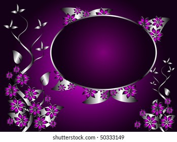 A silver and purple floral vector design with an oval frame for text