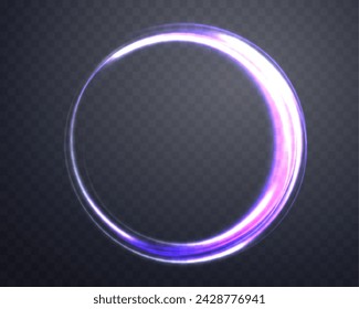 Silver and purple glowing magic ring. Neon realistic energy flare halo ring. Abstract light effect on a dark transparent background. Vector illustration.