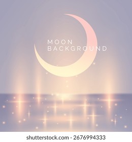 Fondo blanco púrpura plateado con Elementos luminosos y luna creciente, inscripción Fondo de la luna. Efectos de luz y sombra. Espacio para texto