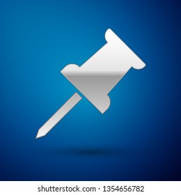 Silver Push Pin Icon Isolated On Blue Background. Thumbtacks Sign. Vector Illustration