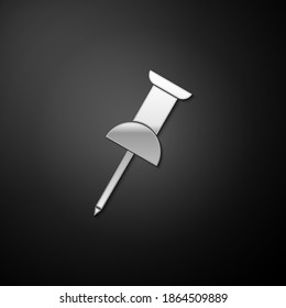 Silver Push Pin Icon Isolated On Black Background. Thumbtacks Sign. Long Shadow Style. Vector.