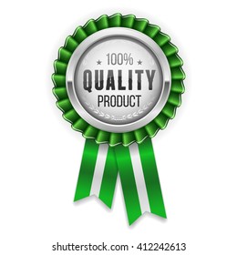Silver quality product rosette, badge with green ribbon on white background