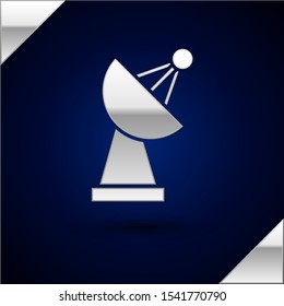 Silver Radar icon isolated on dark blue background. Search system. Satellite sign.  Vector Illustration