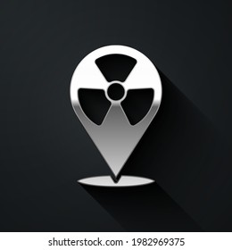Silver Radioactive in location icon isolated on black background. Radioactive toxic symbol. Radiation Hazard sign. Long shadow style. Vector