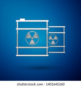 Silver Radioactive waste in barrel line icon isolated on blue background. Toxic refuse keg. Radioactive garbage emissions, environmental pollution. Vector Illustration