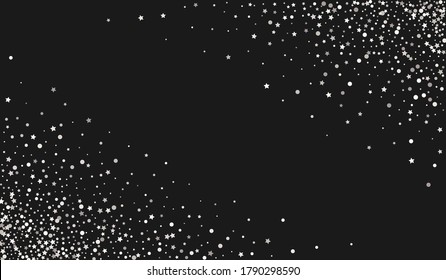 Silver Rain Transparent Black Background. Light Shine Postcard. White Splash Luxury Invitation. Polka Falling Illustration.