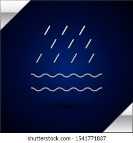 Silver Rain and waves icon isolated on dark blue background. Rain cloud precipitation with rain drops.  Vector Illustration