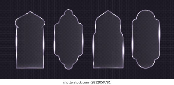 Silver ramadan frames with 3D islamic arch pattern, ornate arabesque design for eid celebration, realistic vector window elements isolated on transparent background. Muslim borders for greeting cards