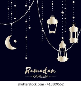 Silver Ramadan Kareem celebration greeting card. Hanging arabic lamps, stars and crescent moon. Holy month of muslim. Symbol of Islam. Moon Ramadan. Vector illustration.