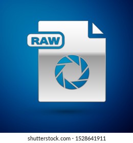 Silver RAW file document. Download raw button icon isolated on blue background. RAW file symbol.  Vector Illustration