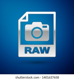 Silver RAW file document icon. Download raw button icon isolated on blue background. RAW file symbol. Vector Illustration