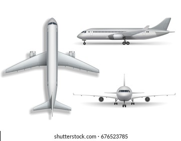 Silver realistic airplane mock up isolated. Aircraft, airliner 3d illustration on white background. Set of air plane from front, side and top view. Vector illustration.