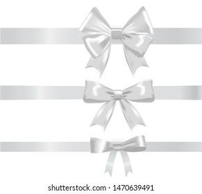 Silver realistic different ribbon bows set, vector illustration. For cards, banners decoration