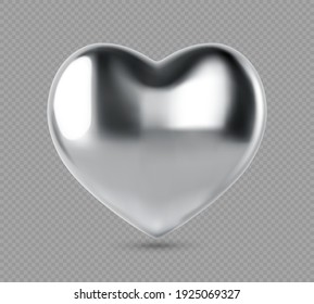 Silver realistic heart. Vector illustration of metal heart shaped. Silver glittering heart shape isolated on transparent background.