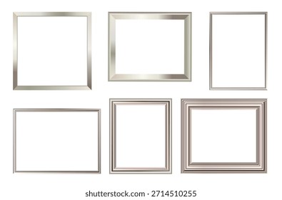 Conjunto de ilustração de vetor de moldura de imagem realista prateado. Molduras de fotos de luxo finas de prata, grossas isoladas sobre fundo branco.