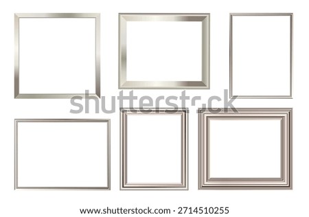 Silver realistic picture frame vector illustration set. Silver thin, thick luxury photo frames isolated on white background.