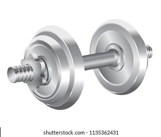 Silver realistic weights vector. Chrome dumbbell set on white background 