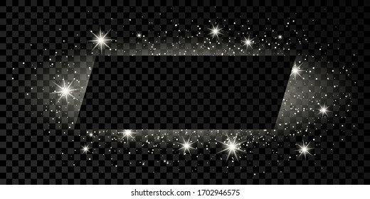 Silver rectangle frame with glitter, sparkles and flares on dark transparent  background. Empty luxury backdrop. Vector illustration.