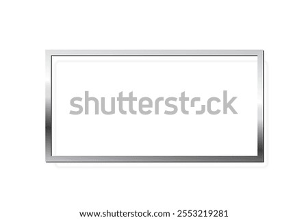 Silver rectangle photo frame on white background. Steel square game button. Blank space for picture, painting, card. 3d realistic chrome empty template vector illustration. Simple object mockup.