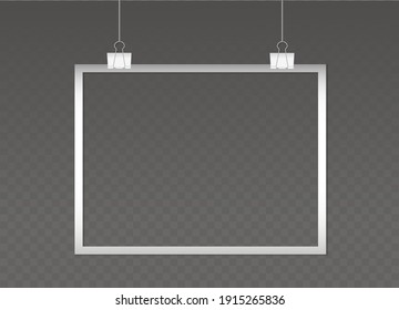 Silver rectangular Photo Frame hanging on binder clips and ropes. Mockup. Shiny 3d Realistic Border. Blank Template on dark transparent background. Empty Stylish Luxury Photo card with Shadow. EPS10.