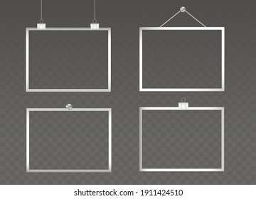 Silver rectangular Photo Frames hanging on binder clips, rope and buttons. Mockup. Shiny 3d Realistic. Blank Template on dark transparent background. 4 empty Stylish Luxury Photo cards with Shadows.