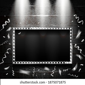 Silver rectangular retro frame with glowing lamps. Vector illustration with shining lights in vintage style. Label for winners of poker, cards, roulette and lottery.
