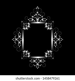 Silver rectangular ribbon frame with curved edges and swirling patterns of strokes with stylized flowers and leaves on black background