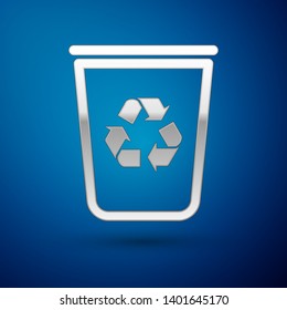 Silver Recycle bin with recycle symbol icon isolated on blue background. Trash can icon. Garbage bin sign. Recycle basket sign. Vector Illustration