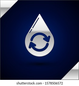 Silver Recycle clean aqua icon isolated on dark blue background. Drop of water with sign recycling.  Vector Illustration