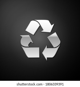 Silver Recycle symbol icon isolated on black background. Circular arrow icon. Environment recyclable go green. Long shadow style. Vector.