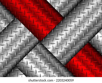 Silver red 3D polished steel texture background, shiny chrome metallic with diamond plate texture, 3d vector lustrous metal design.