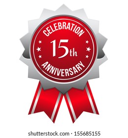 Silver red fifteen year anniversary badge with ribbon