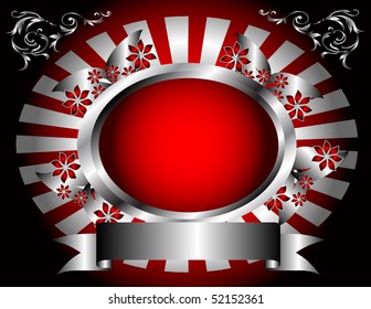 A silver and red floral design with a silver frame filled with graduated red with room for text on a dark red background