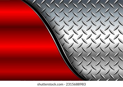 Silver red metal background with chrome shiny diamond plate pattern texture, vector illustration.