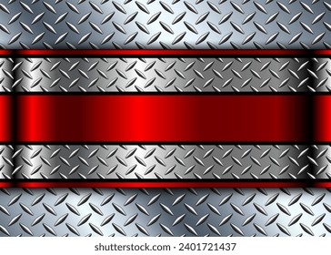 Silver red metallic 3d background with banner in the center and diamond plate metal pattern, vector illustration.