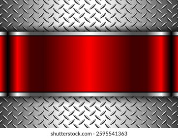 Silver red metallic 3d background with banner in the center and diamond plate metal pattern, vector illustration.
