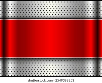 Silver red metallic background with blank banner in the center, shiny chrome metal background, vector illustration.