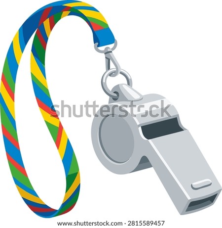 Silver referee whistle with colorful striped lanyard strap vector illustration, sports equipment and coach tool isolated on white background.
