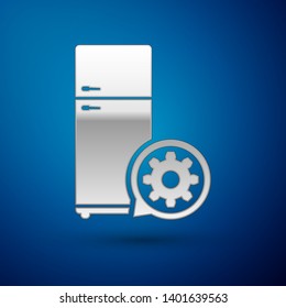 Silver Refrigerator and gear icon isolated on blue background. Adjusting app, service concept, setting options, maintenance, repair, fixing. Vector Illustration