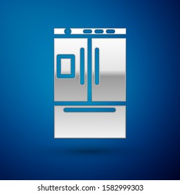 Silver Refrigerator icon isolated on blue background. Fridge freezer refrigerator. Household tech and appliances.  Vector Illustration