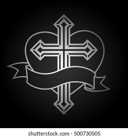 Silver religious Christian cross crucifix with heart and banner icon design on black background. Vector illustration.