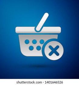 Silver Remove shopping basket icon isolated on blue background. Online buying concept. Delivery service sign. Supermarket basket and X mark. Vector Illustration