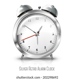 Silver retro alarm clock isolated on white background. Vector