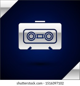 Silver Retro audio cassette tape icon isolated on dark blue background.  Vector Illustration