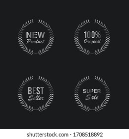 Silver Retro Guarantee Labels with Wreaths Isolated on Black Background.