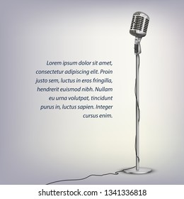 Silver retro microphone with cable on floor stand and text on illuminated gray background vector illustration