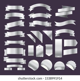 Silver retro style ribbons, tags and emblems vector big set. Template for a text