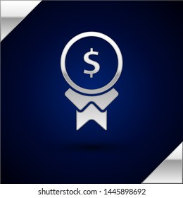 Silver Reward for good work icon isolated on dark blue background. Employee of the month, talent award, outstanding achievement, successful person.  Vector Illustration