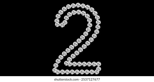 Silver Rhinestone Diamond Number 2 Luxury Text Design Vector Illustration, Diamond Bling Number On Black Background.	