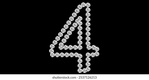 Ilustración vectorial De Diseño De Texto De Lujo Número 4 Del Diamante Del Rhinestone De Plata, Número De Bling Del Diamante En Fondo Negro.	